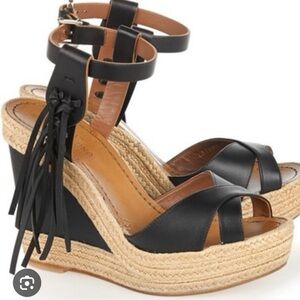 VALENTINO fringe leather espadrille wedge sandals black size 40